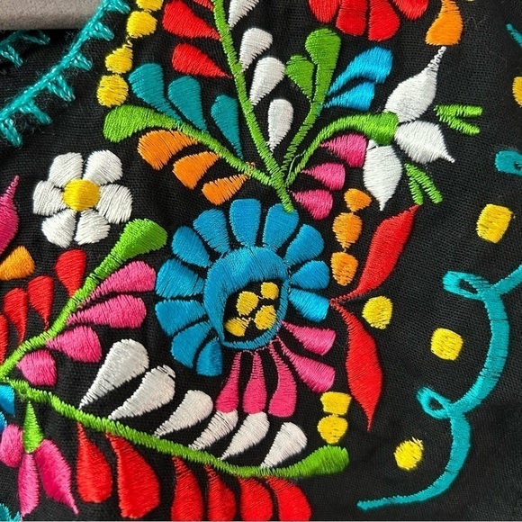 LBD Mexican Style! Black Mini Dress With Colorful Embroidery, Size Medium - Picture 12 of 14